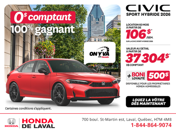 Obtenez la Honda Civic Berline Hybride 2026 !