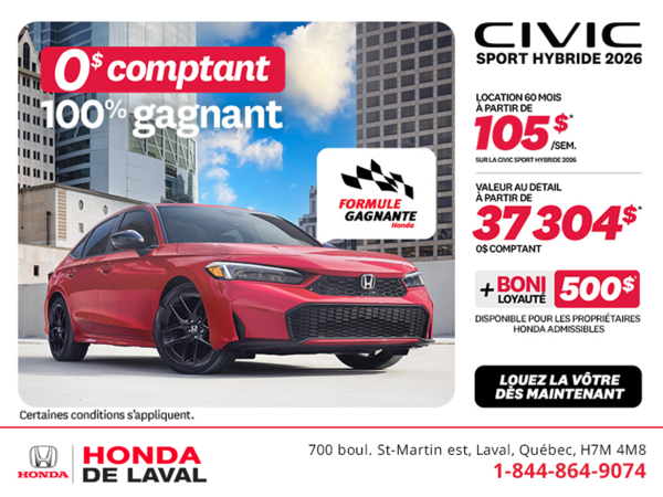 Obtenez la Honda Civic Berline Hybride 2026 !
