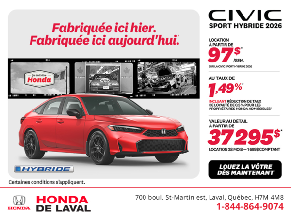 Obtenez la Honda Civic Berline Hybride 2026 !