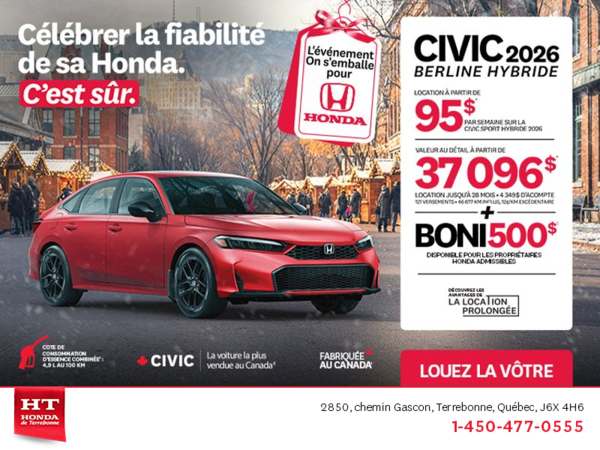 Obtenez le Honda Civic Berline Hybride 2026 !