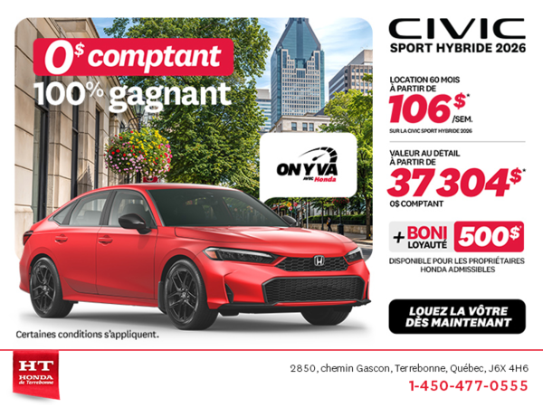 Obtenez la Honda Civic Berline Hybride 2026 !