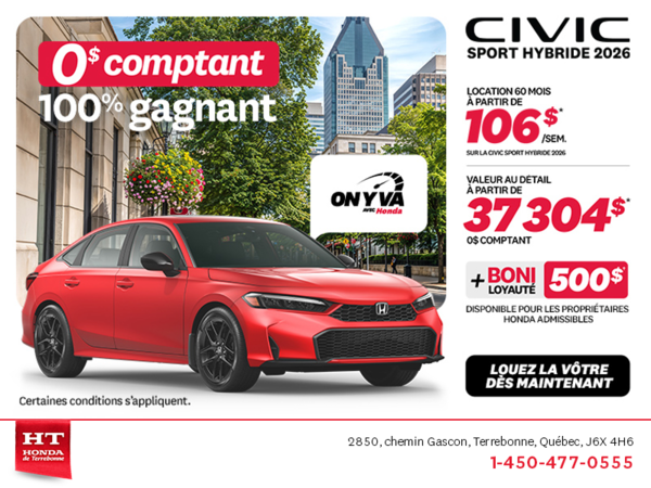 Obtenez la Honda Civic Berline Hybride 2026 !