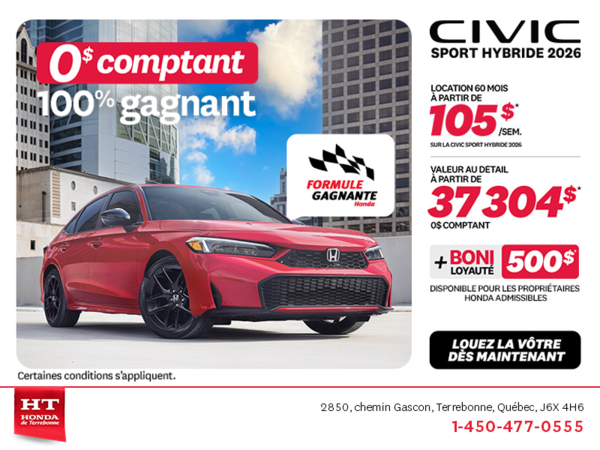 Obtenez la Honda Civic Berline Hybride 2026 !