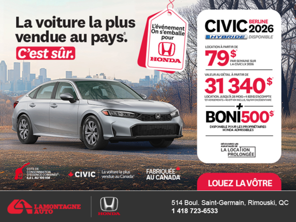 Obtenez le Honda Civic Sedan 2026 !