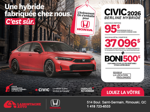 Obtenez le Honda Civic Sedan Hybride 2026 !