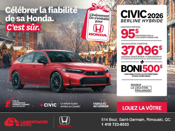Obtenez le Honda Civic Berline Hybride 2026 !