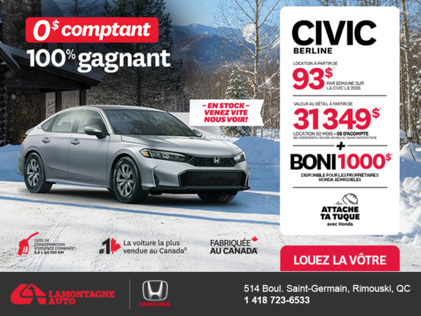 Obtenez le Honda Civic Berline 2026 !