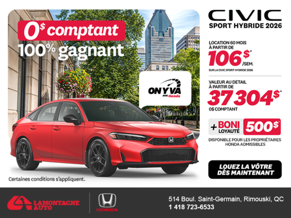 Obtenez la Honda Civic Berline Hybride 2026 !