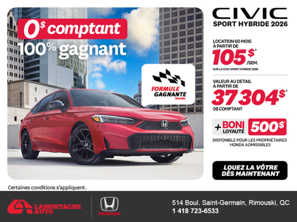Obtenez la Honda Civic Berline Hybride 2026 !