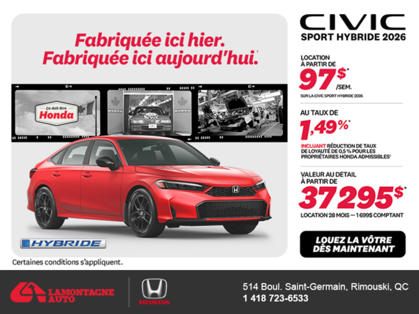 Obtenez la Honda Civic Berline Hybride 2026 !