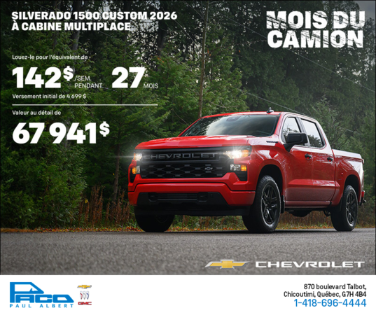 Procurez-vous le Chevrolet Silverado 1500 Custom 2026 à Cabine Multiplace