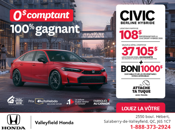 Obtenez le Honda Civic Berline Hybride 2026 !