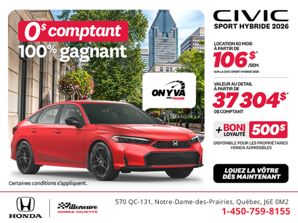 Obtenez la Honda Civic Berline Hybride 2026 !