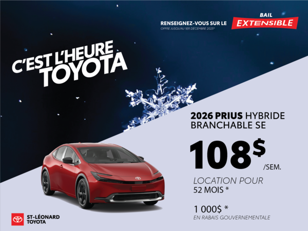 Prius Hybride Branchable SE 2026 Offre 108$/Sem.