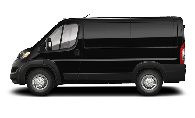 Vue latérale du 2025 Ram ProMaster Cargo Van 1500 couleur noir.