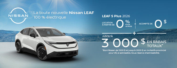 Nissan Leaf 2026 - Jusqu'à 3000$ en rabais totaux