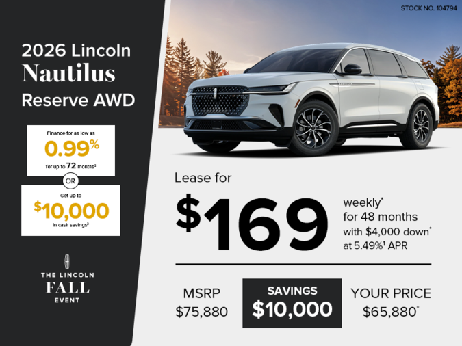 Lease a 2026 Lincoln Nautilus Reserve AWD for $169 weekly*