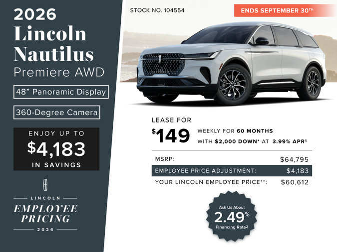 Lease a 2026 Lincoln Nautilus Premiere AWD for $149 weekly*