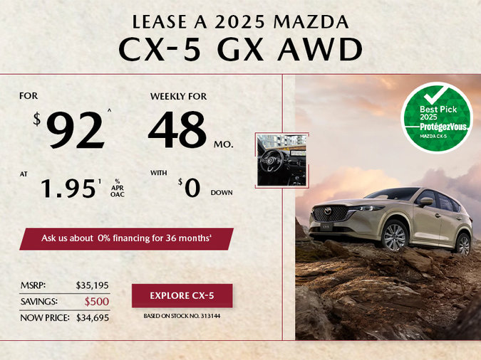 Pacific Mazda - Lease a 2025 Mazda CX-5 GX AWD for $92 per week*