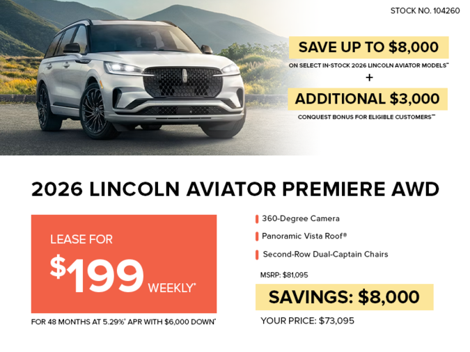 Lease a 2026 Lincoln Aviator Premiere AWD for $199 Weekly*