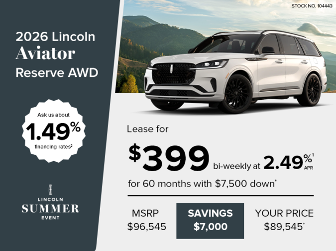 Lease a 2026 Lincoln Aviator Reserve AWD for $399 Bi-weekly*