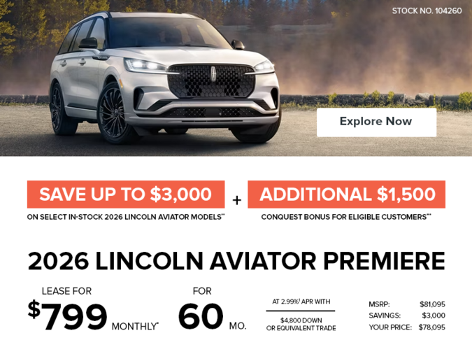 Lease a 2026 Lincoln Aviator Premiere AWD for $799 monthly*