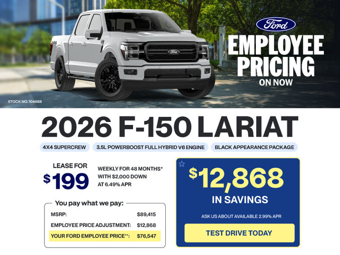 Lease a 2026 Ford F-150 Lariat Hybrid Black Appearance for $199 weekly*