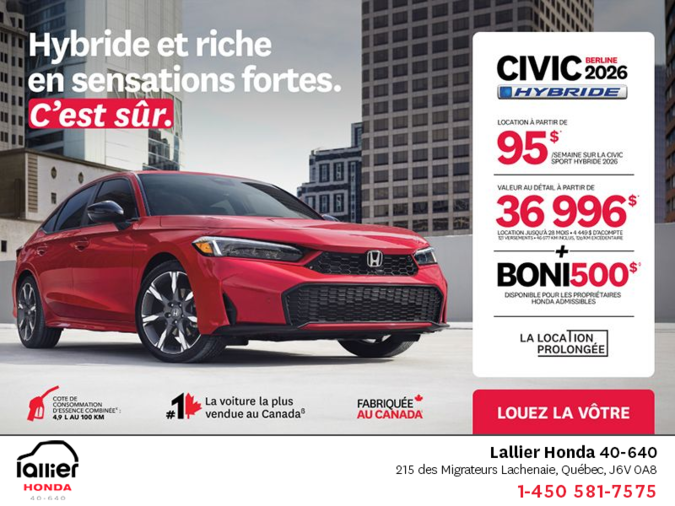 Obtenez le Honda Civic Sedan Hybride 2026 !