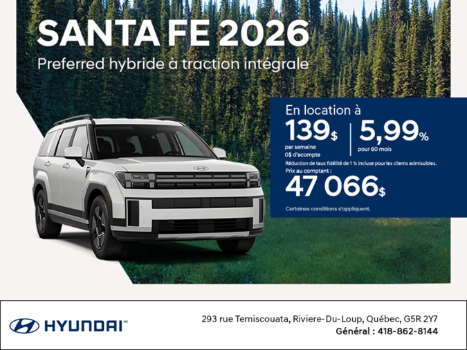 Procurez-vous le Hyundai Santa Fe Hybride 2026