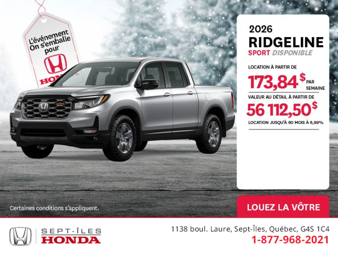 Obtenez le Honda Ridgeline 2026 !