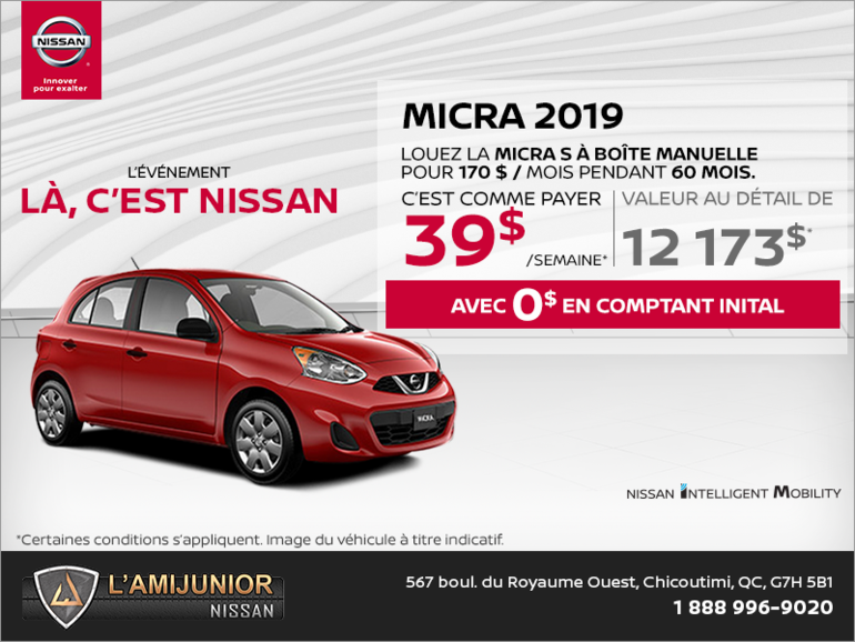 Obtenez la Nissan Micra 2019 dès aujourd'hui!