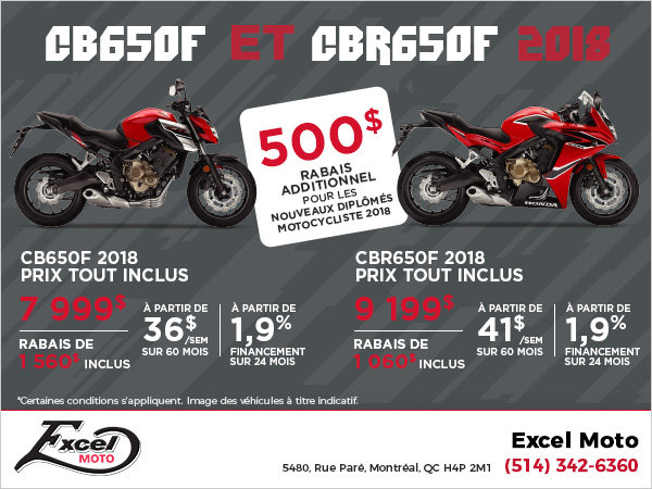 500$ de rabais sur le CB650F & CBR650F!