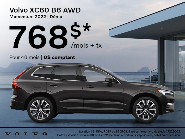 Démo Volvo XC60 B6 AWD Momentum 2022 à partir de 768$+tx par mois