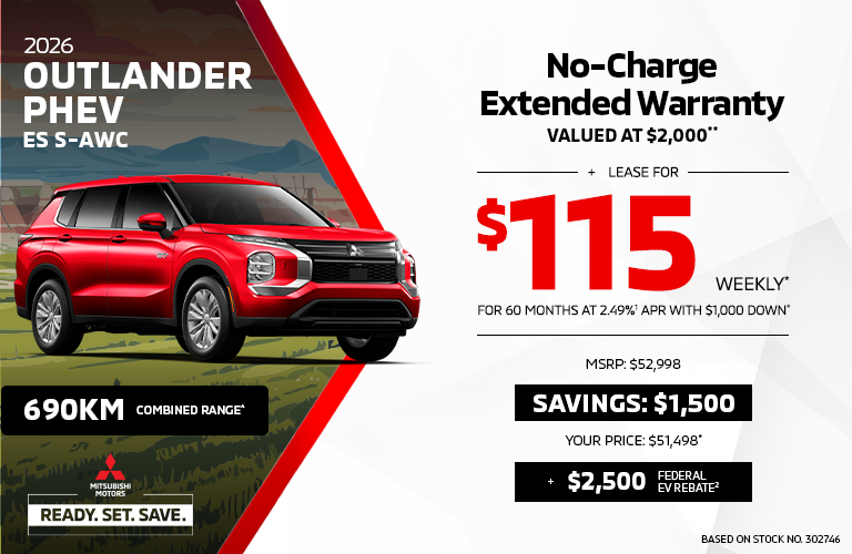 Lease a 2026 Mitsubishi Outlander PHEV ES S-AWC for as low as $115 weekly*