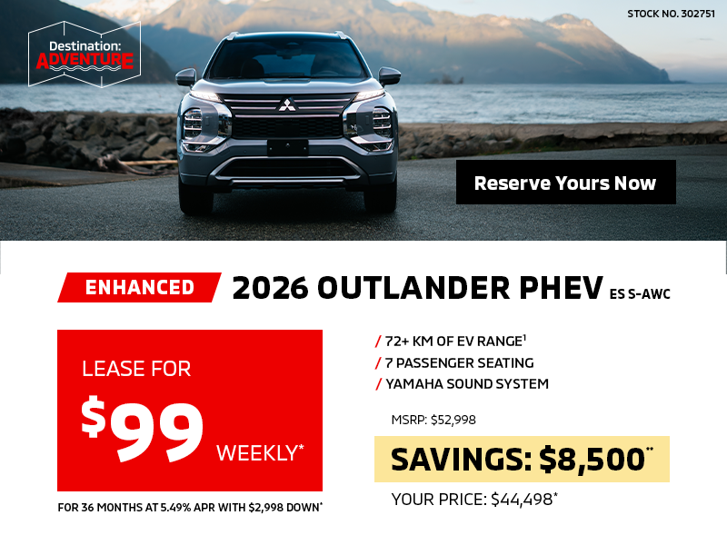 Lease a 2026 Mitsubishi Outlander PHEV ES S-AWC for as low as $99 weekly*