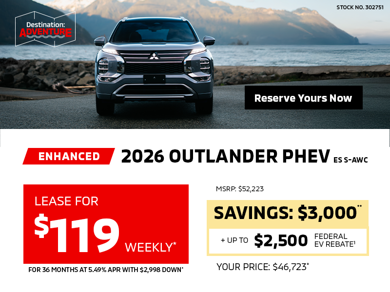 Lease a 2026 Mitsubishi Outlander PHEV ES S-AWC for as low as $119 weekly*