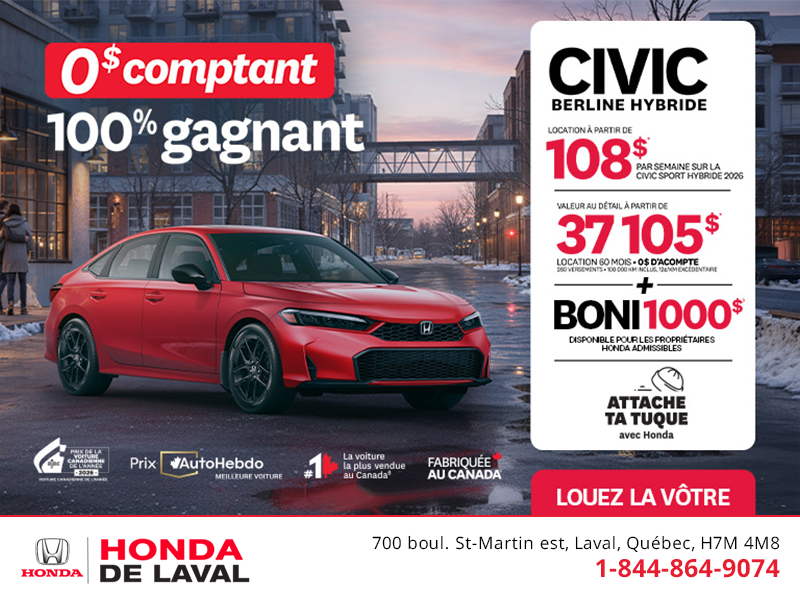 Obtenez le Honda Civic Berline Hybride 2026 !