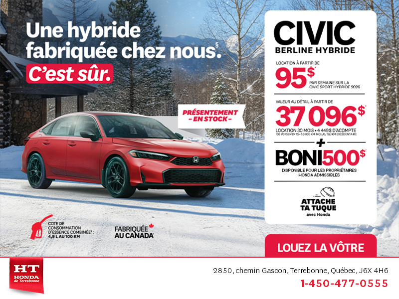 Obtenez le Honda Civic Berline Hybride 2026 !
