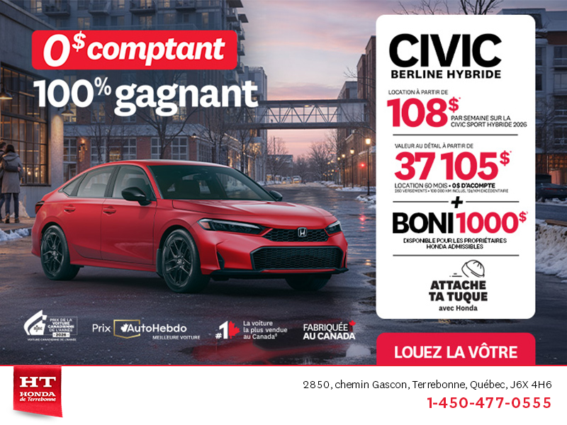 Obtenez le Honda Civic Berline Hybride 2026 !