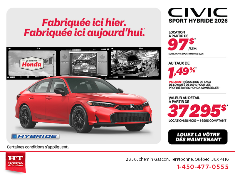 Obtenez la Honda Civic Berline Hybride 2026 !