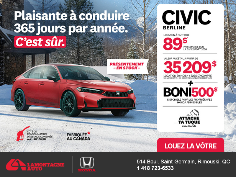 Obtenez le Honda Civic Berline 2026 !