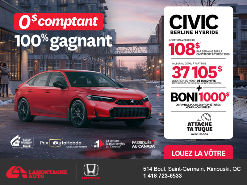 Obtenez le Honda Civic Berline Hybride 2026 !