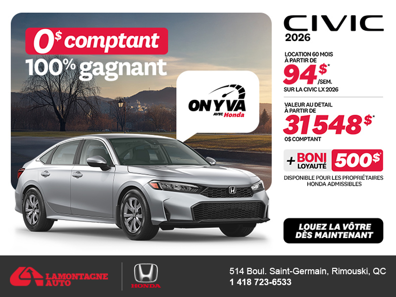 Obtenez la Honda Civic Berline 2026 !