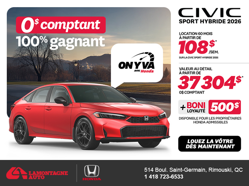 Obtenez la Honda Civic Berline Hybride 2026 !