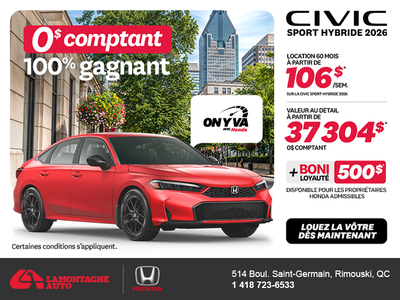 Obtenez la Honda Civic Berline Hybride 2026 !