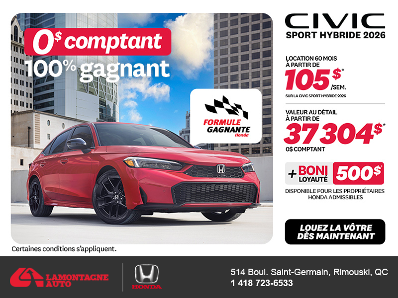 Obtenez la Honda Civic Berline Hybride 2026 !