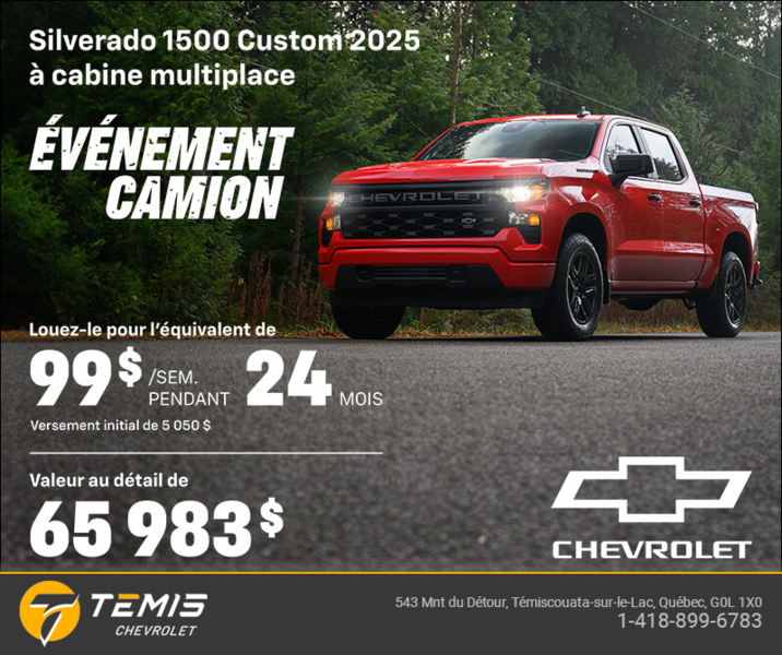 Procurez-vous le Chevrolet Silverado 1500 Custom 2025 à cabine multiplace
