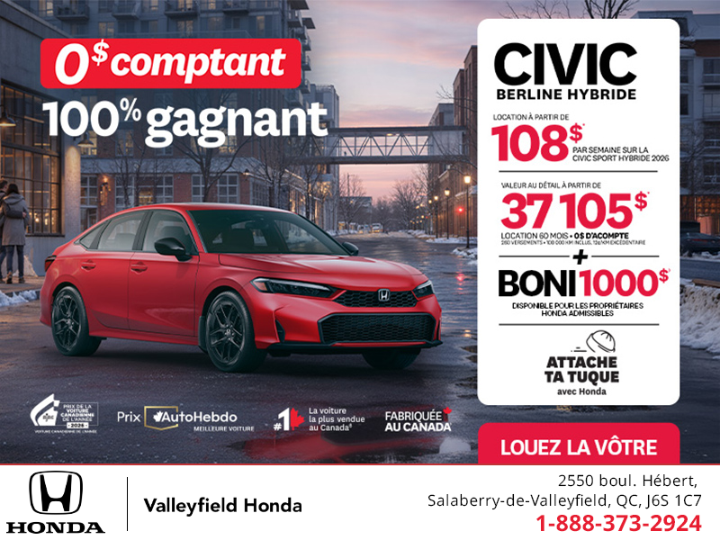 Obtenez le Honda Civic Berline Hybride 2026 !