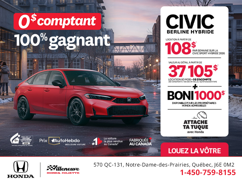 Obtenez le Honda Civic Berline Hybride 2026 !
