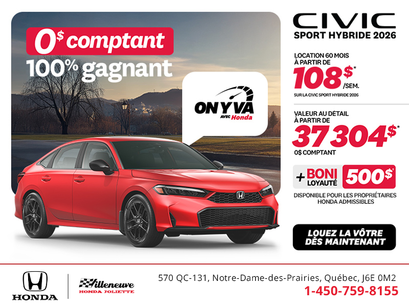 Obtenez la Honda Civic Berline Hybride 2026 !